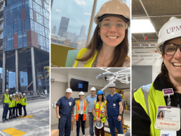 Collage of Information Technology workers outside of construction at Mercy Pavilion.